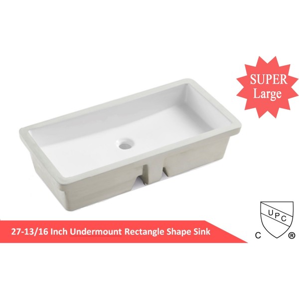 KINGSMAN 27.9" Undermount Ceramic Bathroom Sink – Rectangular, Vitreous, Pure White, With Overflow, CUPC Certified